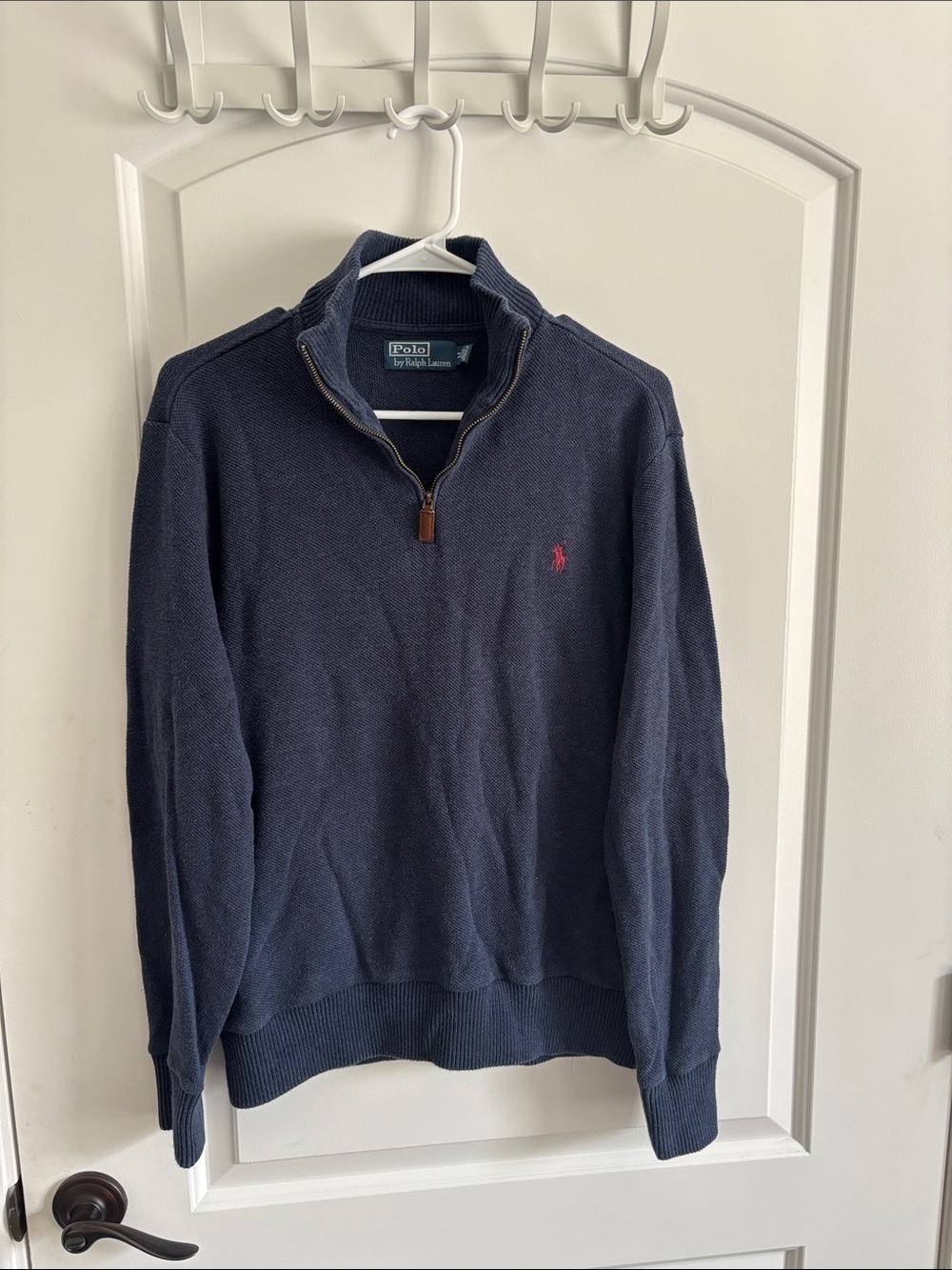 Polo Ralph Lauren Quarter Zip Sweater Men's Medium Navy Blue Cotton Red Pony